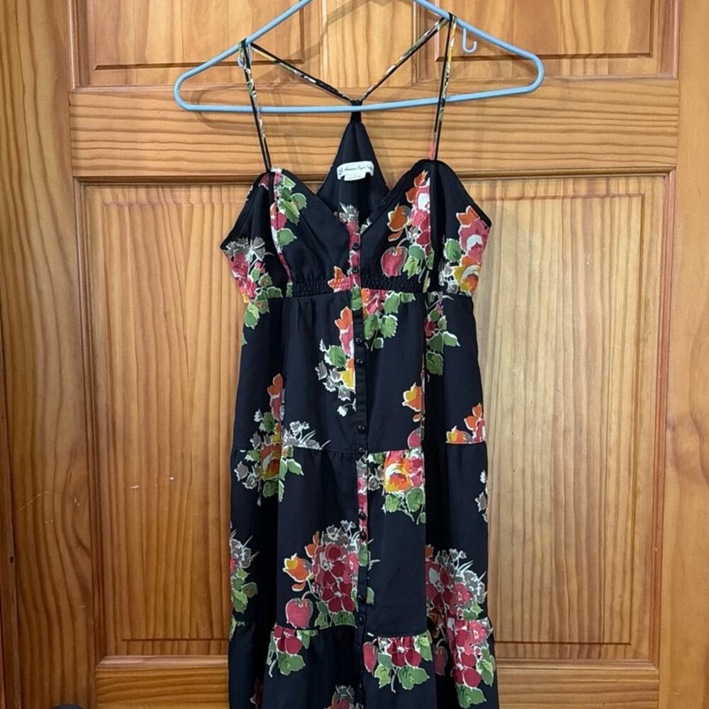 American Eagle Black floral print midi dress with spaghetti straps size 0